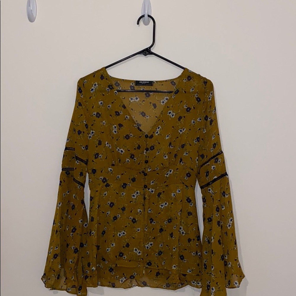 Zeagoo Floral Bell Sleeve Blouse Top Chifon